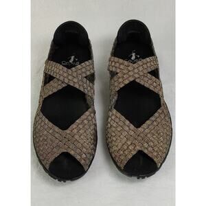 Corkys Forest 9 Gold Stretch Woven Peep Toe Cross Straps Mary Jane Sandals Flats